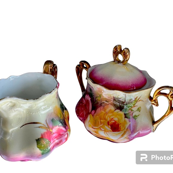 German Handpainted Antique Sugar/Creamer  Floral Numbered 420 Double Handles - Picture 2 of 5